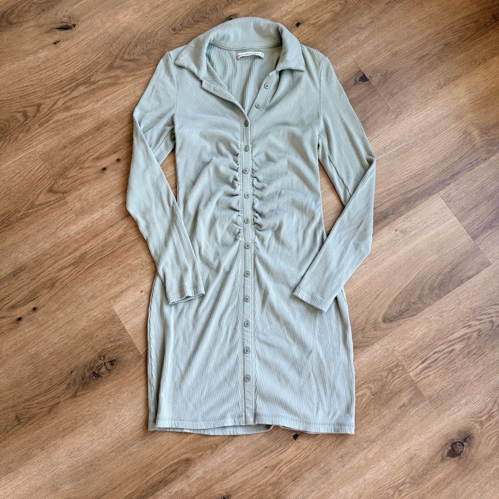 Abercrombie & Fitch Ribbed Ruched Button Up Mini Dress Sage Green XS Long Sleeve
